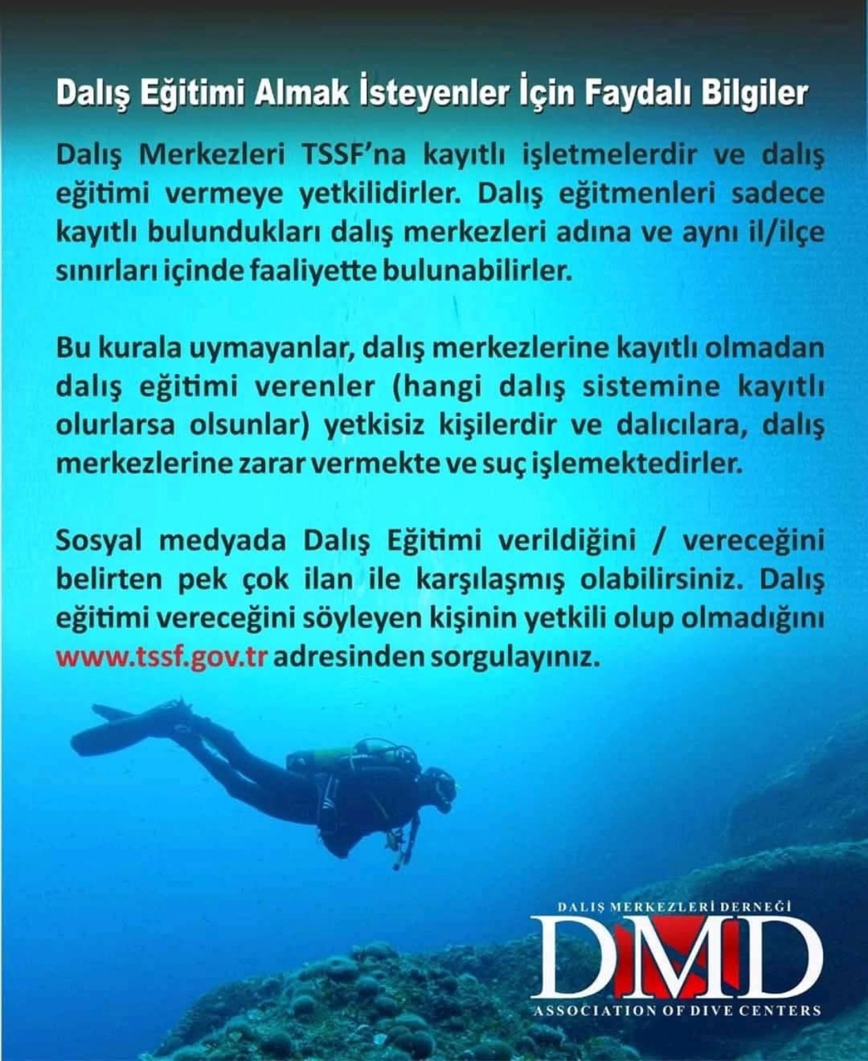 DMD logolu dalış eğitimi bilgilendirme afişi — arşiv görseli